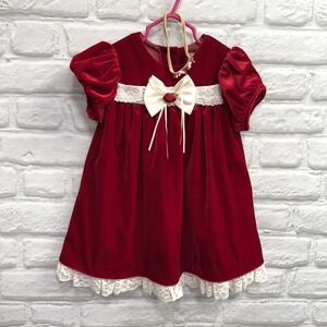 Red Velvet & Lace Christmas Holiday  Dress Sz 18m Puff Sleeves & Rosette Formal
